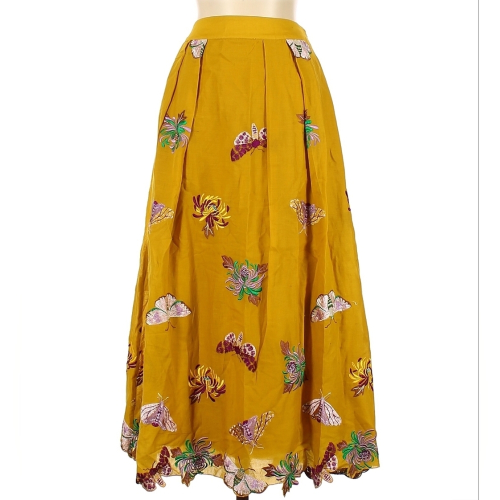 Maeve Embroidered Butterfly and Floral Mustard Yellow Midi Skirt